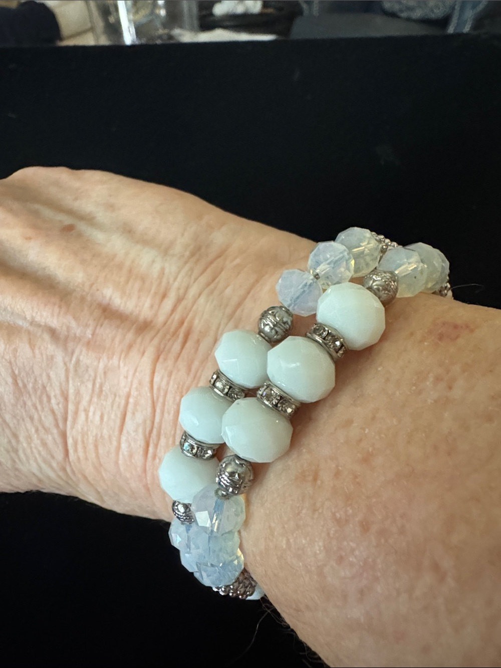 Adjustable White & Opalescent Crystal Beaded Bracelet with Silver Accents